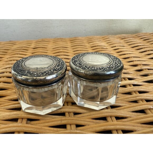 Antique 30's Vanity Jars Cut Crystal Floral Wallace Sterling Silver Tops Set 3 - Picture 7 of 16